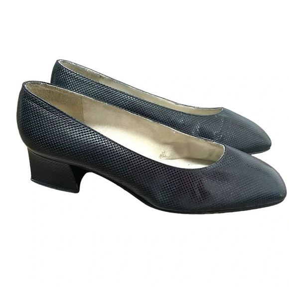 VINTAGE 80s Stuart Weitzman Leather Square Toe Block Heel Black Pumps Size 6.5 - Picture 3 of 13
